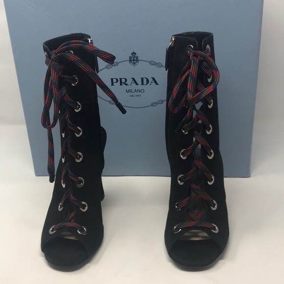 Prada Black Suede Lace Up Runway Boots - Picture 2 of 8